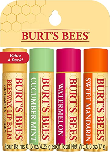 Burt's Bees Lip Balm Multipack, Lip Balm Set With Beeswax, Cucumber Mint, Watermelon, Sweet Mandarin, Freshly Picked, 4x4.25g - Beeswax, Cucumber Mint, Watermelon, Sweet Mandarin - 4 Count (Pack of 1)