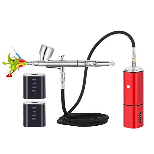 Casubaris Airbrush kit with compressor portable cordless Airbrush kit,Rechargeable auto stop dual action air brush pen,Match Different Airbrush Gun for Barbers model painting Nail Art Craft Makeup - Red