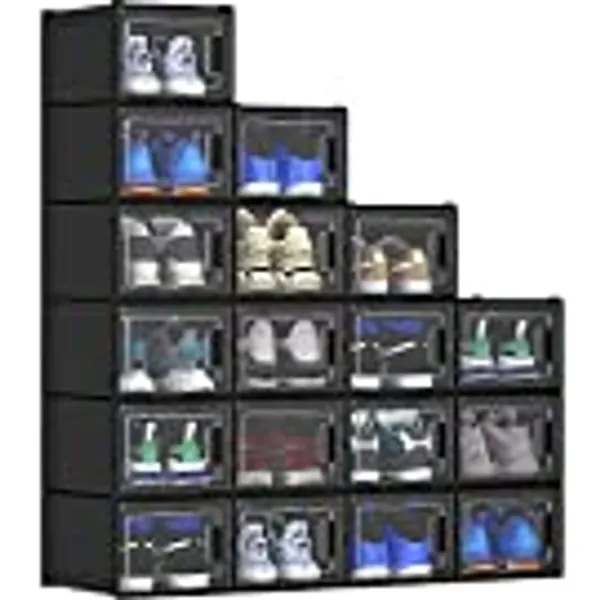 YITAHOME Shoe Box,18Pcs Stackable Shoe Containers,35.8x27.7x20.8cm,Fit up to UK Size 14,X-Large Size Shoe Storage,Non-toxic Plastic Drop Front Shoe Organisers,Black Shoe Storage Box