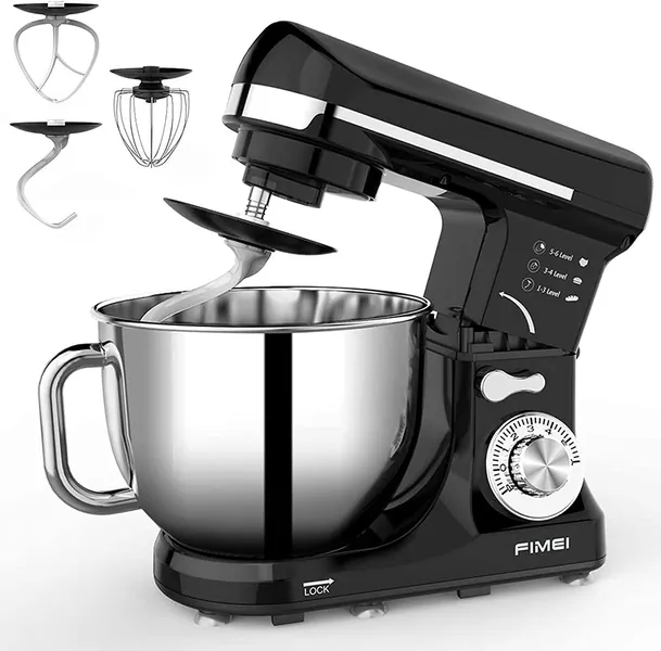 FIMEI Stand Mixer,Food Mixer 5L 1000W,Dough Hook & Beater with Ceramic Glaze (Dishwasher Safe),Whisk,Anti-Oil Cover,Splash Guard & Silicone Spatula,Anti-Slip,UK Plug (Black)