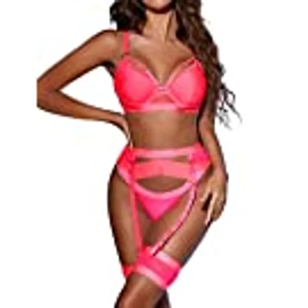 popiv Sexy Lingerie Set for Women 4 Piece Bra and Panty Set with Garter Belt Strappy Lingerie Set with Thigh Cuffs