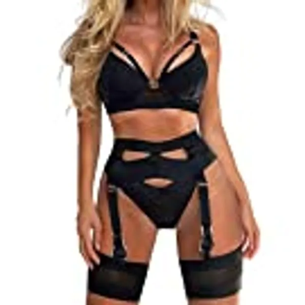 popiv Sexy Lingerie Set for Women 4 Piece Bra and Panty Set with Garter Belt Strappy Lingerie Set with Thigh Cuffs