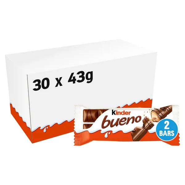 Kinder Bueno Wafer Twin Bars, Bulk Chocolate Gift Pack, Milk Chocolate Covered Wafer with Milky and Hazelnut Filling, Pack of 30 x 2 (60pcs)