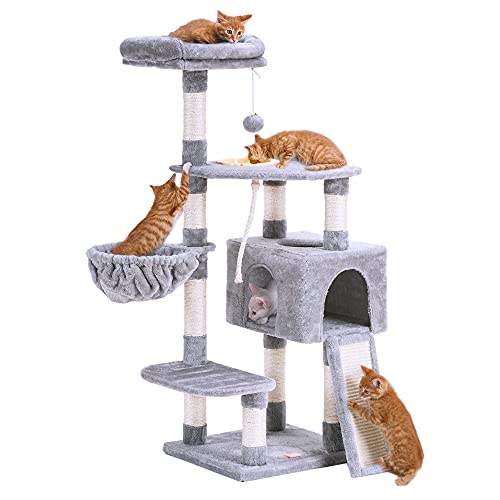 Heybly Cat Tree Cat Tower for Indoor Cats Multi-Level Cat Furniture Condo with Feeding Bowl and Scratching Board Light Gray HCT010W - 17.72” L x 15.75” W x 49.61”H - Light Gray