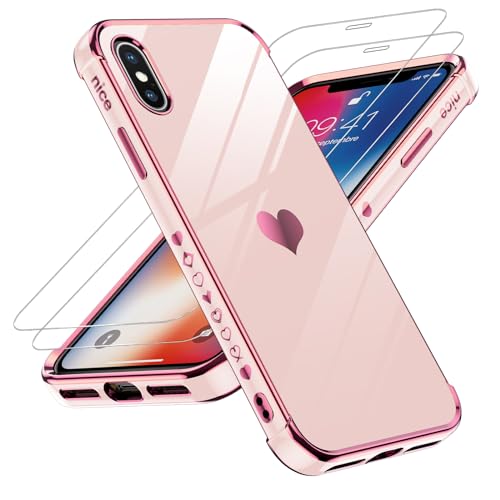 LeYi for iPhone X Case iPhone Xs Case: with Tempered Glass Screen Protector [2 Pack] + Full Camera Lens Protection, Love Heart Plating Women Cute Luxury Soft TPU Shockproof for iPhone X/XS Case, Pink - Pink