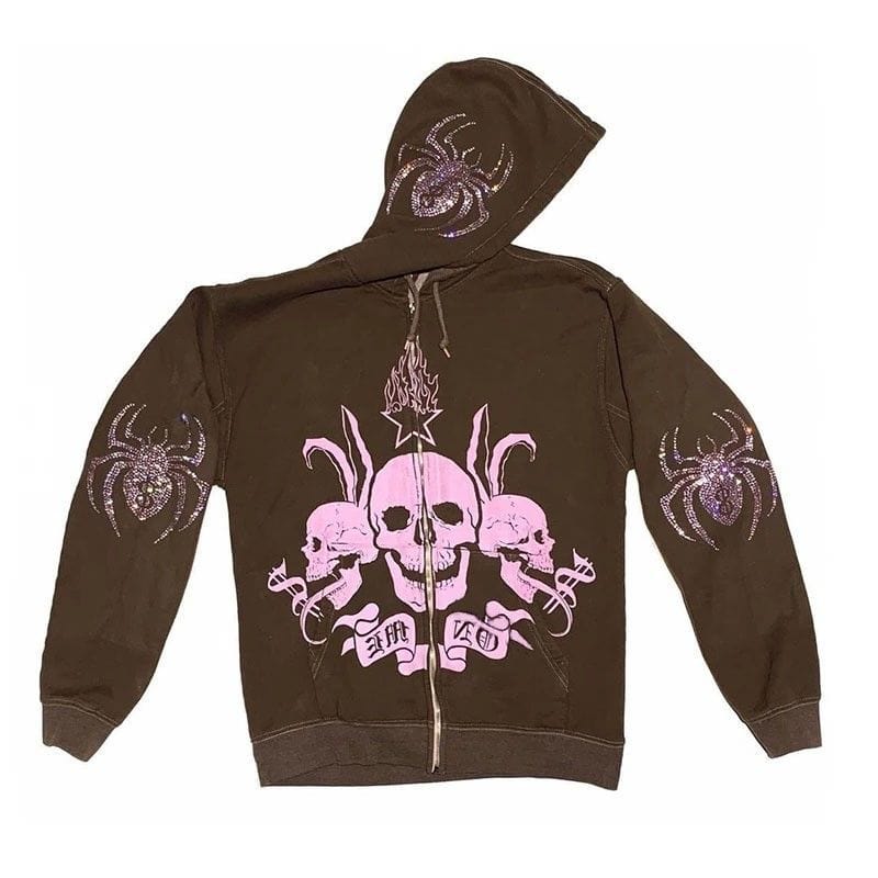 Brown Rhinestone Y2K Zip Up Hoodie | XL