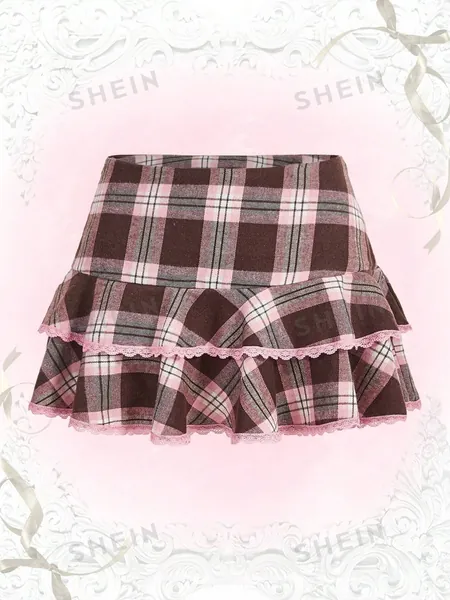 ROMWE Kawaii Lace Spliced Checkered Double Layer Plus Size Women's Skirt