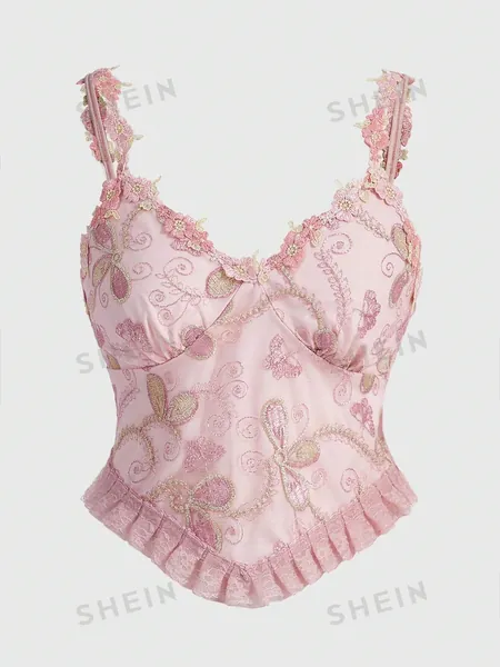 ROMWE Fairycore Women'S Floral Embroidered Camisole Top