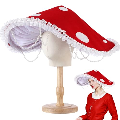 Croloose Mushroom Hat Renaissance Medieval Costume Cosplay Victorian Fairy Accessories with Beads Lace Brim Cap for Party - Red