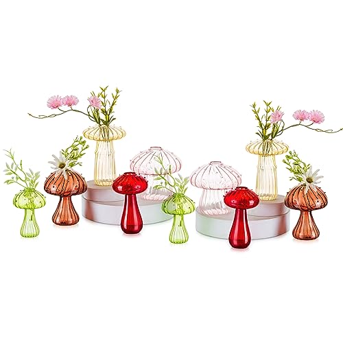 Hewory Glass Mushroom Vase for Flowers, 10pcs Colored Small Bud Flower Vases Unique, Mushroom Propagation Hydroponic Vases, Funky Cottagecore Decor for Home Room Kitchen Office Windowsill Decorations - 10 - Colored