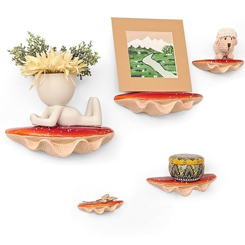 Red Mushroom Shelves Decoration - 5PCS Floating Display Goblincore Shelves, Small Wall Shelf for Bedroom, Cottagecore Aesthetic Furniture, Forest Decor, Reptile, Leopard Gecko Tank Accessories
