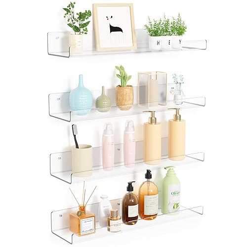 upsimples 4 Pack Acrylic Shelves for Wall Storage, 15" Floating Bookshelves for Kids, Display Shelf Organizer for Bathroom, Bedroom, Living Room, Kitchen, Room Decor, Clear - 4 - Clear