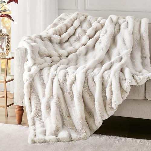Hyde Lane Luxury Ruched Faux Fur Throw Blanket | Ultra Soft Cozy Puzzy Throw | Plush Black Mink Blankets for Sofa, Couch, Living Room, 60"x80" - 50x60" - Frost Fox