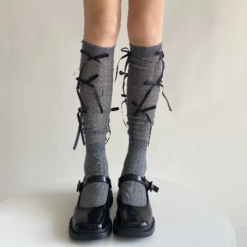 Grey Long Lolita Socks - dark gray and black / One Size