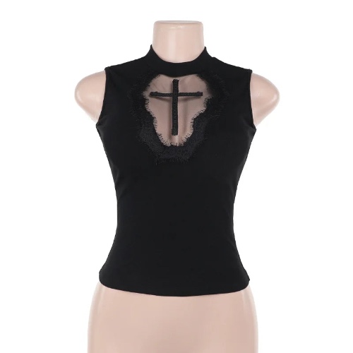 Dark Goth Black Lace Cross Crop Top - black / L