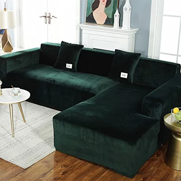 2 Pieces Sofa Cover for L-Shape Sectional Sofa, Super Stretch Sectional Couch Cover L Shape Sofa (Velvet Dark Green