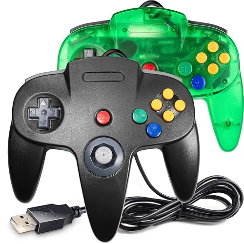 2 Pack Classic N64 Controller, suily N64 Wired USB PC Game pad Joystick, N64 Bit USB Wired Game Stick Joy pad Controller for Windows PC MAC Linux Raspberry Pi 3 Sega Genesis (Clear Green/Black) - Clear Green/Black