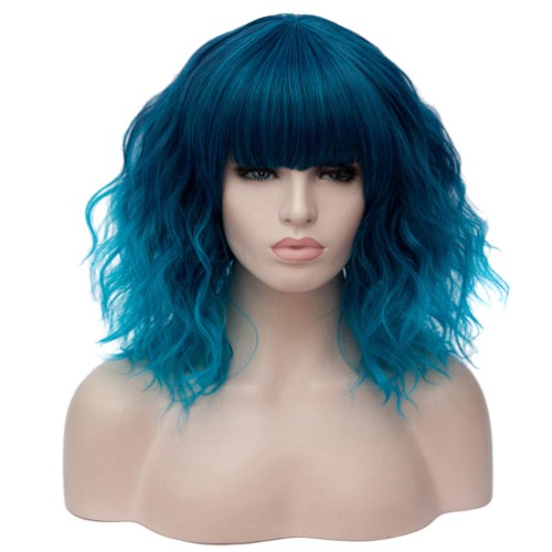 HongHu Womens Fashion Neat Bangs Short Great Wavy Curly Wig Anime Cosplay Full Hair Party Wigs or Daily Use Wig Highlight Lake Blue - 13.77 Inch/ 35cm Highlight Lake Blue
