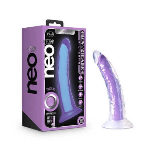 Blush Neo Elite Glow in the Dark Light 7 in. Silicone Dual Density Dildo with Suction Cup Neon Purple