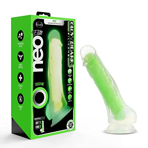 Blush Neo Elite Glow in The Dark Silicone Dildo with Balls - 7.5" Length & 1.5" Width - Sensa Feel Dual Density - Sturdy Suction Cup Base for Hands Free Play & Harness Compatible Sex Toy for Adults - Neon Green