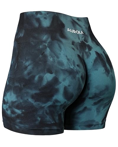 AUROLA Dream Tie Dye Workout Shorts for Women Seamless Scrunch Soft Active Shorts - Medium - Green-black Tie Dye