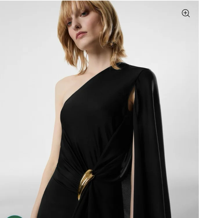 ONE SHOULDER EVENING DRESS WITH CAPE AND LIZA HARDWARE DETAIL