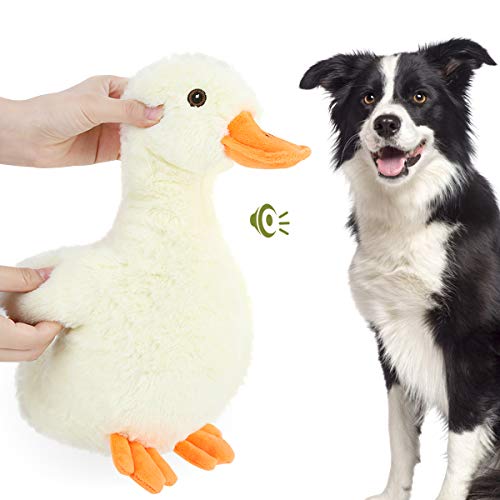 Pawaboo Squeak Plush Duck Dog Toy, Large 12'' Super Soft Plush Stuffed Duck-Shaped Pet Toys, Crinkle Paper Rattle Pet Biting Training Chew Toys Non-Toxic Plush Doll for Pet Dogs, Light Yellow/Orange - 1pack - 12inch