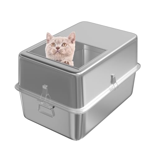 TSAYAWA Stainless Steel Top Entry Cat Litter Box with Lid - XL Extra Large All Metal High Sided Enclosed Boxs for Kitty Bunny Rabbit Mutiple Cats -Easy Clean No Sticky Enclosure - 19.7"L x 13.8"W x 11.8"H