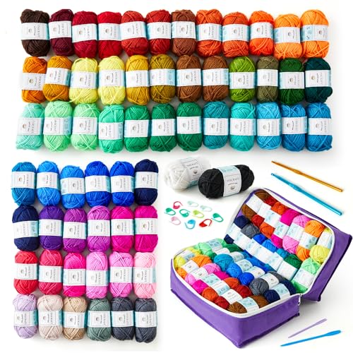 INSCRAFT 62 Acrylic Yarn Skeins, 2170 Yards Yarn for Knitting Crochet, 2 Crochet Hooks, 2 Weaving Needles,10 Stitch Markers, 1 Purple Bag, Perfect Crochet Beginner Kit for for Adults - purple