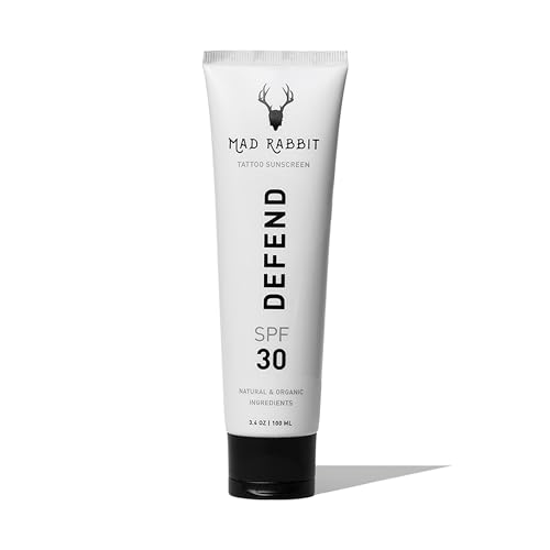 Mad Rabbit Defend Tattoo Sunscreen- SPF 30 100mL Tube- All-Natural Mineral Sunscreen Lotion - Tattoo Fade Protection and Moisturizer, Anti-Aging Formula