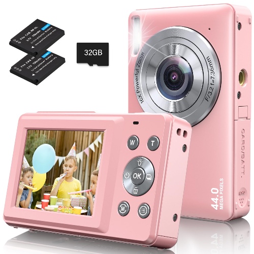 Digitale camera fotocamera fototoestel compacte camera digitale camera FHD 1080P 44MP met 16x digitale zoom, 32 GB kaart, 2 batterijen compacte digitale camera's voor kinderen, jongeren en beginners - Roze + 32G TF-kaart + 2 batterijen