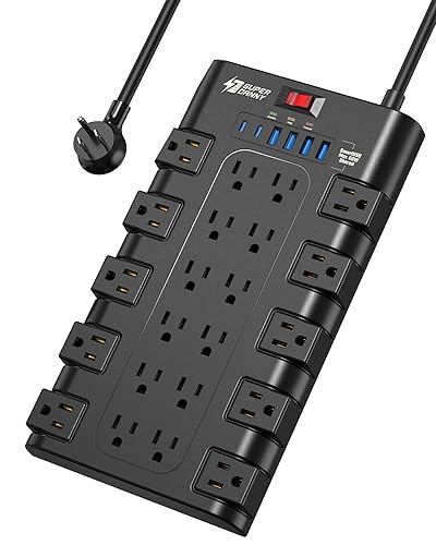 Power Strip, SUPERDANNY Surge Protector with 22 AC Outlets with 2 45W Fast Charging USB-C, 4 USB-A, 1875W/15A, 2100 Joules,6.5Ft Flat Plug Extension Cord for for Home, Office, Dorm, Gaming Room, Black - 45W-6.5 ft - Black