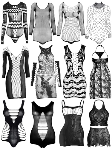 Geyoga 12 Pieces Women's Fishnet Lingerie Mesh Babydoll Bodysuit Lace Smock Lingerie for Women - Black - as pictures show