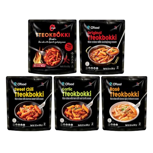 Chung Jung One O'Food Gluten-Free Tteokbokki Variety Pack, Instant Korean Rice Cakes, Authentic Spicy Street Food Snack, Perfect with Cheese and Ramen Noodles, Ready to Eat, No MSG, No Corn Syrup, Pack of 5 - Variety Pack - Pack of 5