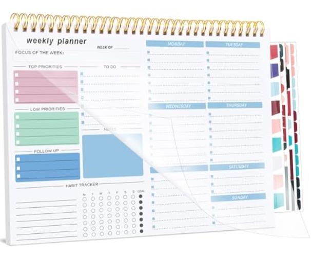 Weekly Planner To Do List Pad, Undated Weekly Planner Notebook 52 Tear off Sheets─To Do List Notebook for Study Work, Includes 4 Sheets of Stickers, 22 X 28 cm-Blue-1 Year of Use - Blue