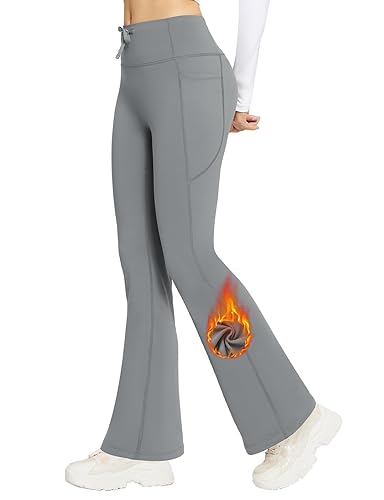 BALEAF Women's Fleece Lined Flared Leggings with 4 Pockets Thermal Yoga Pant Drawstring High Waisted Bootcut Legging - Dark Grey - XL