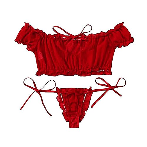 VicSec Women Sexy Babydoll Lingerie Set, Cute Transparent Bra and Panties Set, Adjustable Bowknot Strappy Teddy Underwear Naughty Sleepwear Nighties for Valentines Gift - One Size - Red