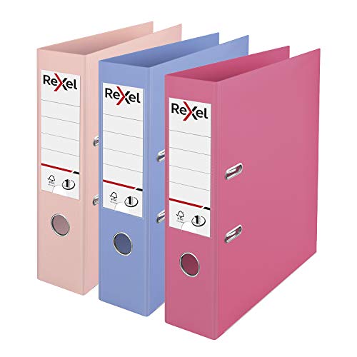 Rexel Pastel Plastic A4 Lever Arch Files, 3-Pack (Pink, Blue, Peach), Patented No.1 Power Mechanism, FSC Certified, Replaceable Spine Labels, Ring Binder, Archiving & Home Office File Organizer - Assorted Pack 3