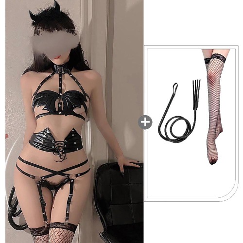Succubus Lingerie Set: Devilish Leather Outfit - Devil Costume+Whip+Stocking / S