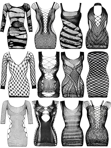 Geyoga 12 Pieces Women's Fishnet Lingerie Mesh Babydoll Bodysuit Lace Smock Lingerie for Women (Black)
