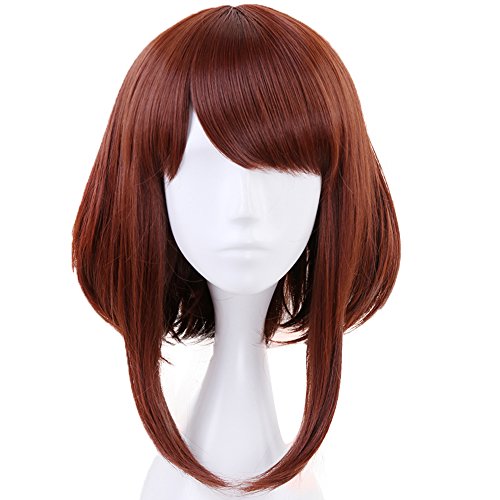 Anogol Hair Cap+Brown Wigs Short Bob Synthetic Hair Cosplay Wig Short Wavy For Anime Cosplay Brown Wavy Costume Wig For Anime Cosplay, Short Brown Wig Bob Wig For Halloween Costumes Women Wigs Party - Dark Brown