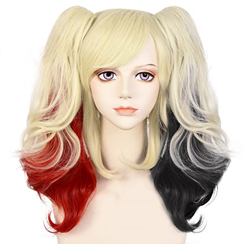 JoneTing Blonde Cosplay Wig Red Ombre Black Synthetic Wig with Ponytails for Anime Cospaly Women Rubio Rojo Ombre Negro Short Wavy Wigs for Halloween Long Dress Up Wig for Girls Costume - Ombre Blonde