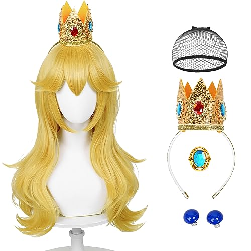 Blonde Wavy Princess Wig for Adult, Long Golden Cosplay Wig + Crown Brooch Earrings Accessories + Wig Cap for Halloween Costume Party - Golden Blonde