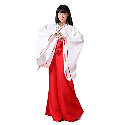 StarDY Japanese Anime Kikyo Miko Kimono Cosplay Witch Costume Women's White Kimono Red Hakama Pants Outfit Halloween Costume - Small - White/Red