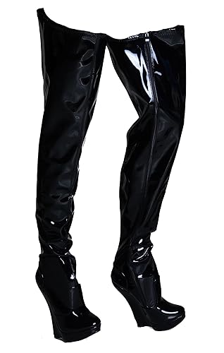 Kassiopeya Crotch Pony High Heel Overknees mit Wedge Absatz Gr 38-46 NEU - 45 EU - Schwarz