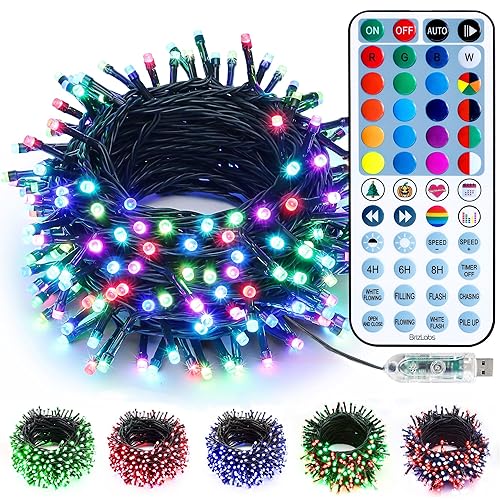 BrizLabs USB Christmas Lights, 33ft 100 LED RGB Color Changing Christmas Lights with Remote, Red & White Christmas String Lights, Twinkle Mini String Lights for Xmas Halloween Indoor Tree Party Decor - RGB-Green Wire - 100 LED