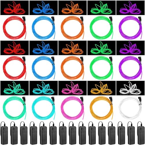 15 Pack EL Wire Portable Neon Lights Cuttable Neon Glowing Strobing Electroluminescent Light Battery Powered LED Lights Glow in The Dark Costume with Battery Pack for Party (5 Meter) - 5 Meter