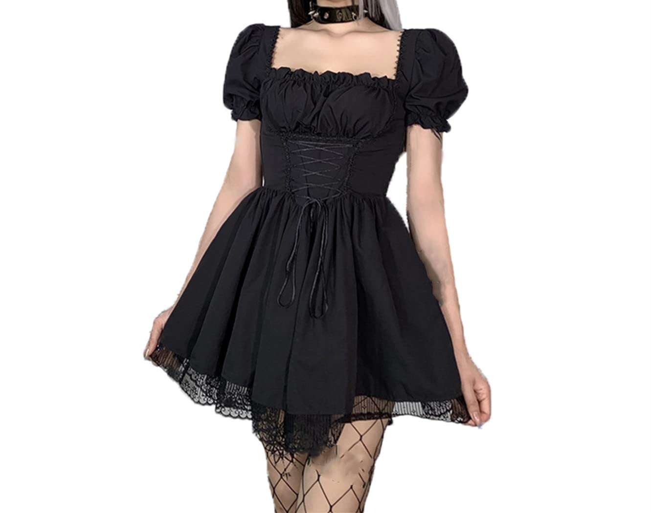 Women Gothic Punk Mini Dress Y2K E Girl Fairycore Grunge Aesthetic Halloween - Black Short Sleeve Dress Small