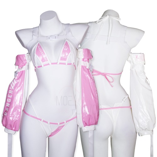 DANGER Cyber Cat Bikini with Sleeves - Pink & White / XS/S