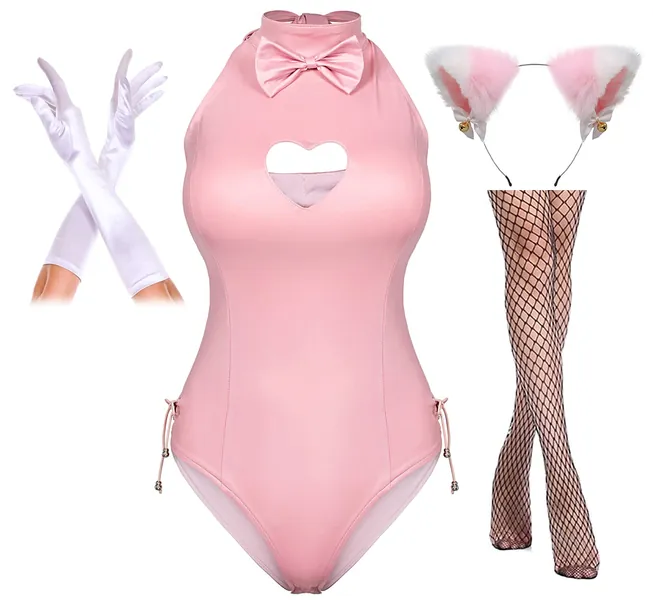 Womens Button Crotch Romper Onesie Bodysuit Cosplay Costume Furry Cat Ear Gloves Socks Set - XX-Large Pink